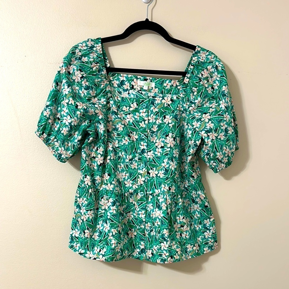 Jade Womens Green Floral Print Puff Sleeve Linen Blend Top Sz Small Preppy Chic